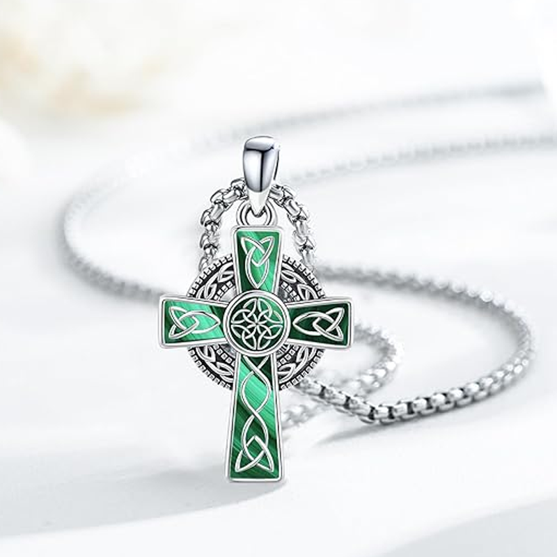 Unisex Sterling Silver Malachite Celtic Knot & Cross Pendant Necklace-4