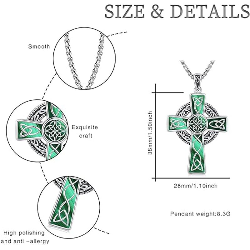 Unisex Sterling Silver Malachite Celtic Knot & Cross Pendant Necklace-5