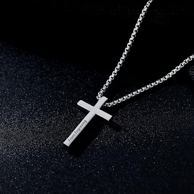 Unisex Sterling Silver Personalized Engraving & Cross Pendant Necklace-3