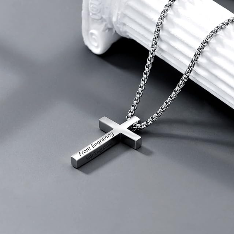 Unisex Sterling Silver Personalized Engraving & Cross Pendant Necklace-4