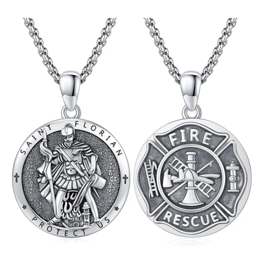 Unisex Sterling Silver Saint Florian Pendant Necklace