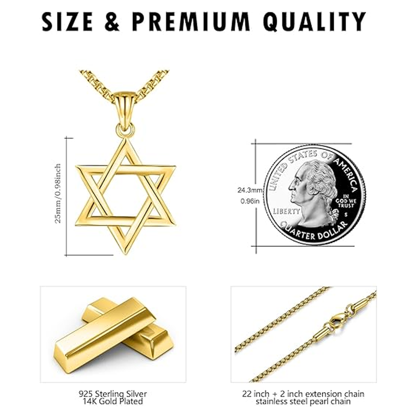 Unisex Sterling Silver with Yellow Gold Plated Star Of David Pendant Necklace-5