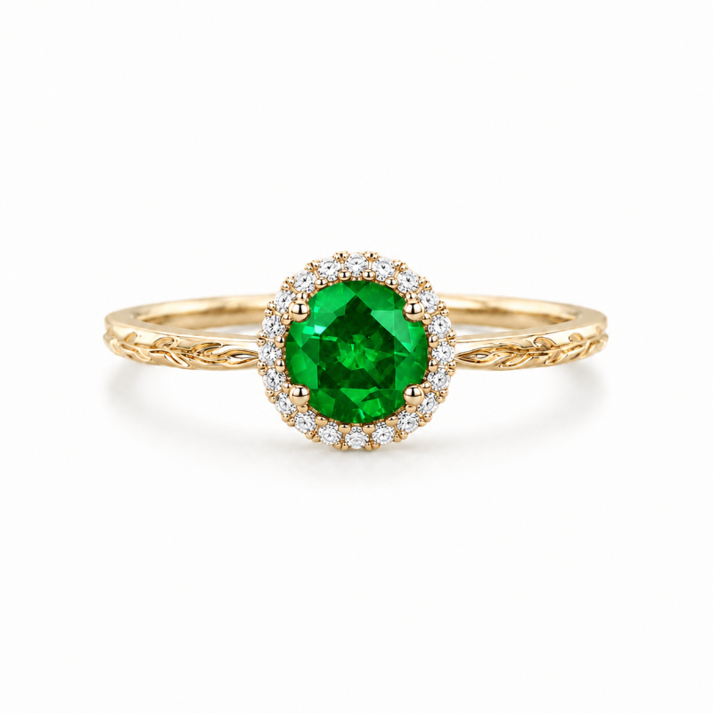 Sterling Silver with Yellow Gold Plated 1 to 6 CT Round Cut Lab-Grown Emerald Halo Natural Inspired Engagement Ring-12
