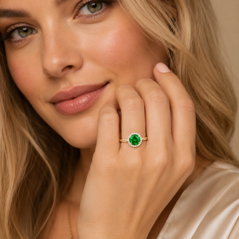 Verlobungsring aus 14-karätigem Gold mit rundem, im Labor gezüchtetem Smaragdschliff (1 bis 6 Karat) und Halo-Fassung (natürlich inspiriert)-2