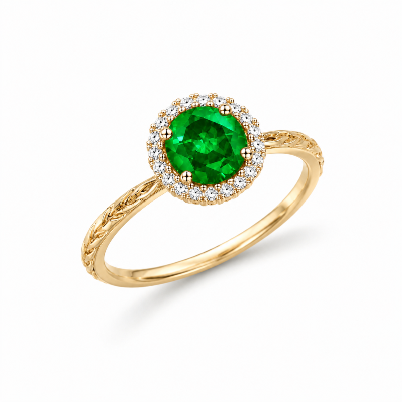 Verlobungsring aus 14-karätigem Gold mit rundem, im Labor gezüchtetem Smaragdschliff (1 bis 6 Karat) und Halo-Fassung (natürlich inspiriert)-3