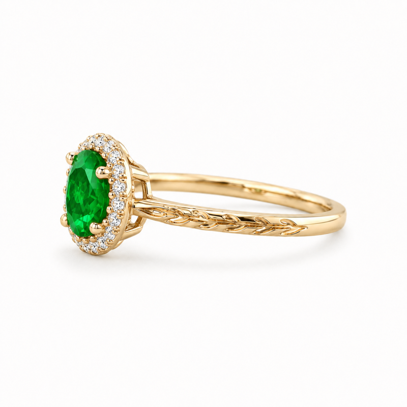 Verlobungsring aus 14-karätigem Gold mit rundem, im Labor gezüchtetem Smaragdschliff (1 bis 6 Karat) und Halo-Fassung (natürlich inspiriert)-4
