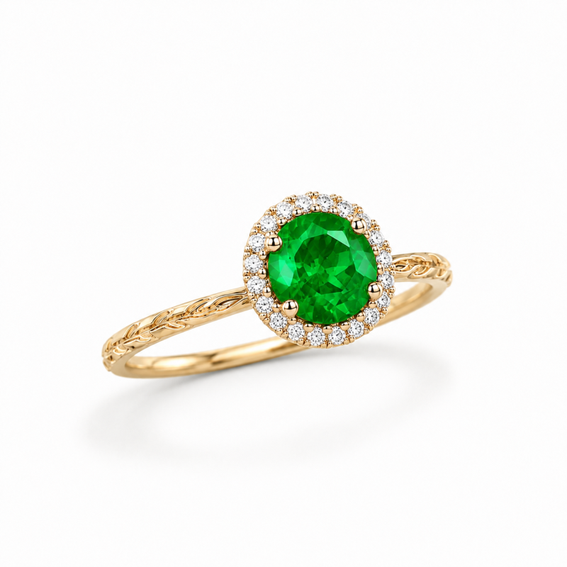 Verlobungsring aus 14-karätigem Gold mit rundem, im Labor gezüchtetem Smaragdschliff (1 bis 6 Karat) und Halo-Fassung (natürlich inspiriert)-5