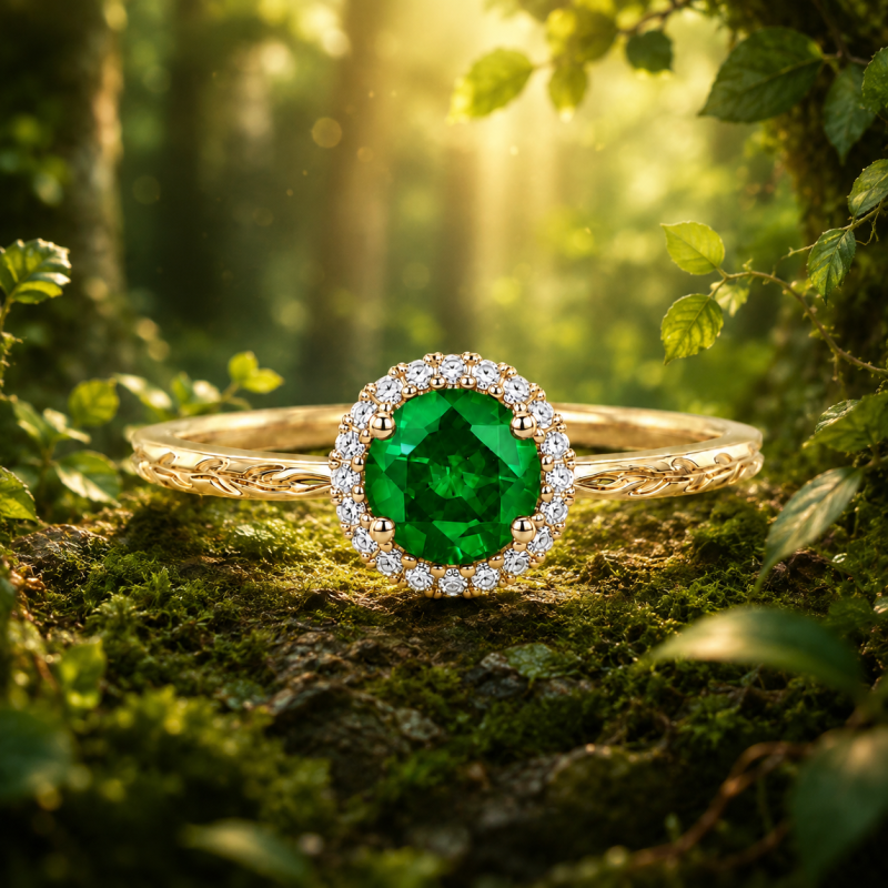 Verlobungsring aus 14-karätigem Gold mit rundem, im Labor gezüchtetem Smaragdschliff (1 bis 6 Karat) und Halo-Fassung (natürlich inspiriert)-6