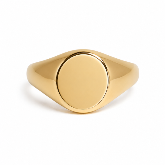 Anel de sinete masculino personalizado em prata de lei com banho de ouro amarelo, formato redondo e gravação em relevo do brasão da família.