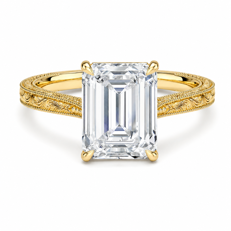 Pierścionek zaręczynowy ze srebra próby 925 z pozłacanym żółtym złotem diamentem w szlifie szmaragdowym i laboratoryjnie hodowanym diamentem typu solitaire-1