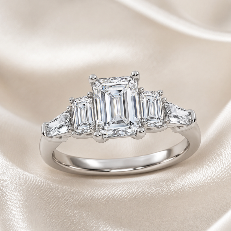 Bague de fiançailles trois pierres en or blanc 18 carats, sertie d'un diamant taille émeraude de 1 carat et d'un diamant de laboratoire taille baguette effilée.-4