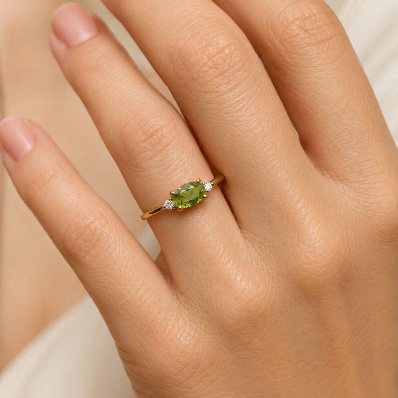 Bague de fiançailles à anneau fin en or 14 carats, tourmaline verte ovale de 1 carat et diamant de laboratoire-2