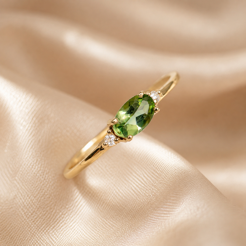 Bague de fiançailles à anneau fin en or 14 carats, tourmaline verte ovale de 1 carat et diamant de laboratoire-3