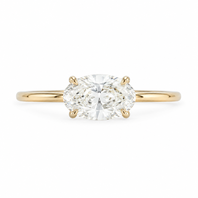 Anillo de compromiso solitario de banda fina con diamante cultivado en laboratorio de talla ovalada y oro de 14 quilates, hecho a medida.-1