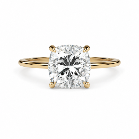 Anel de Noivado Personalizado com Diamante Sintético Lapidado em Almofada em Ouro 10K com Aro Fino e Halo Oculto