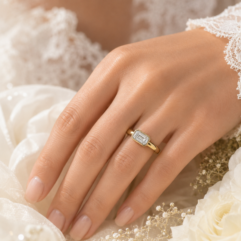 Bague de fiançailles sur mesure à large anneau, sertie d'un diamant de laboratoire taille émeraude en or 14 carats-2