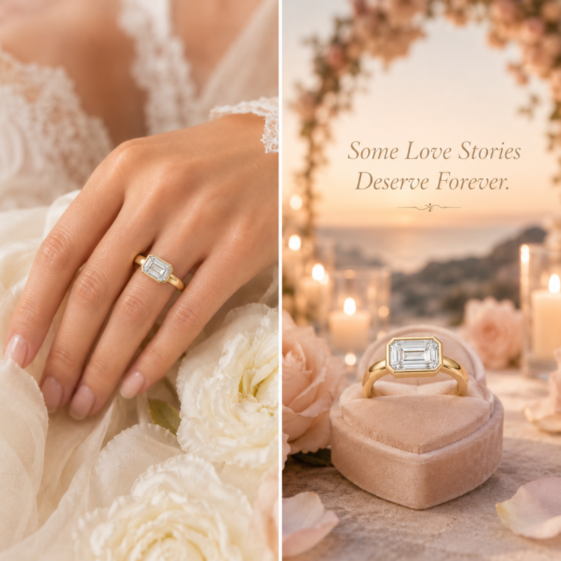 Bague de fiançailles sur mesure à large anneau, sertie d'un diamant de laboratoire taille émeraude en or 14 carats-4
