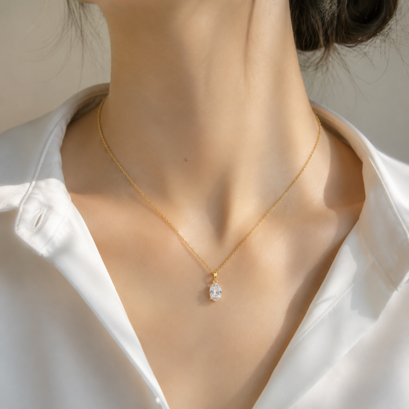Colliers solitaires en or 14 carats avec diamant ovale de 1 carat cultivé en laboratoire-2