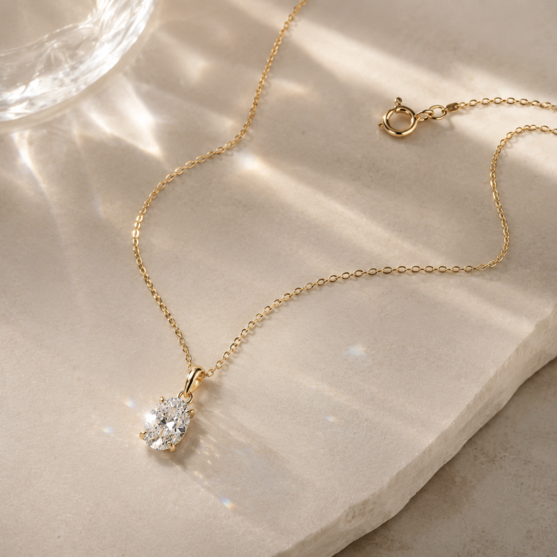 Colliers solitaires en or 14 carats avec diamant ovale de 1 carat cultivé en laboratoire-3