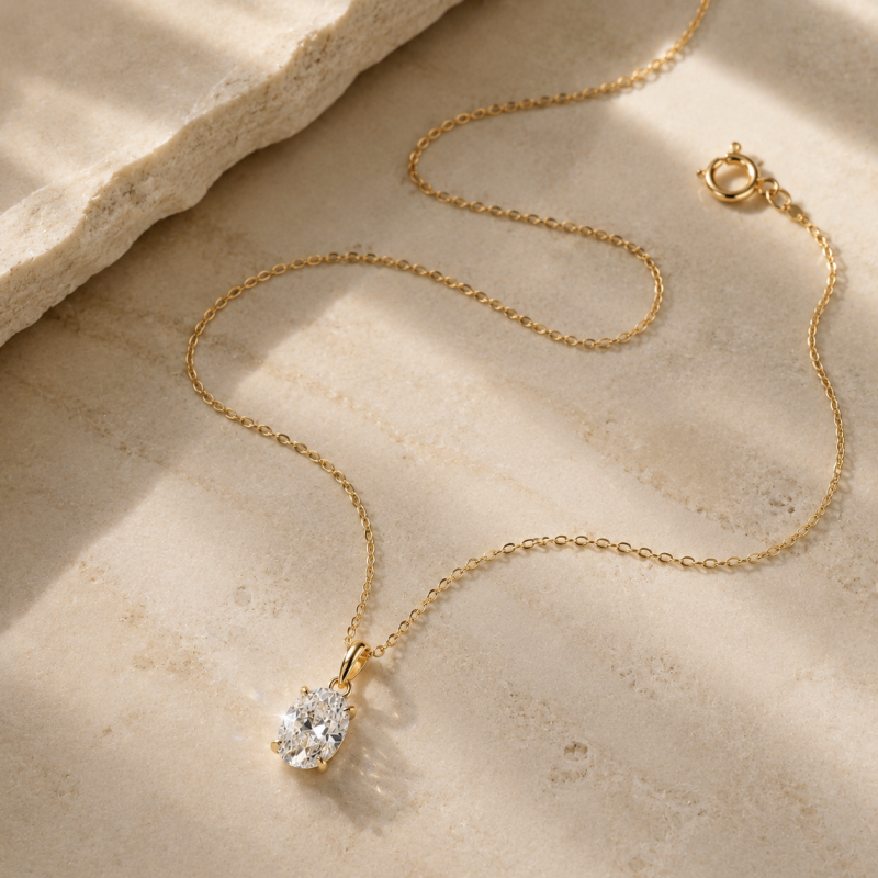 Colliers solitaires en or 14 carats avec diamant ovale de 1 carat cultivé en laboratoire-4
