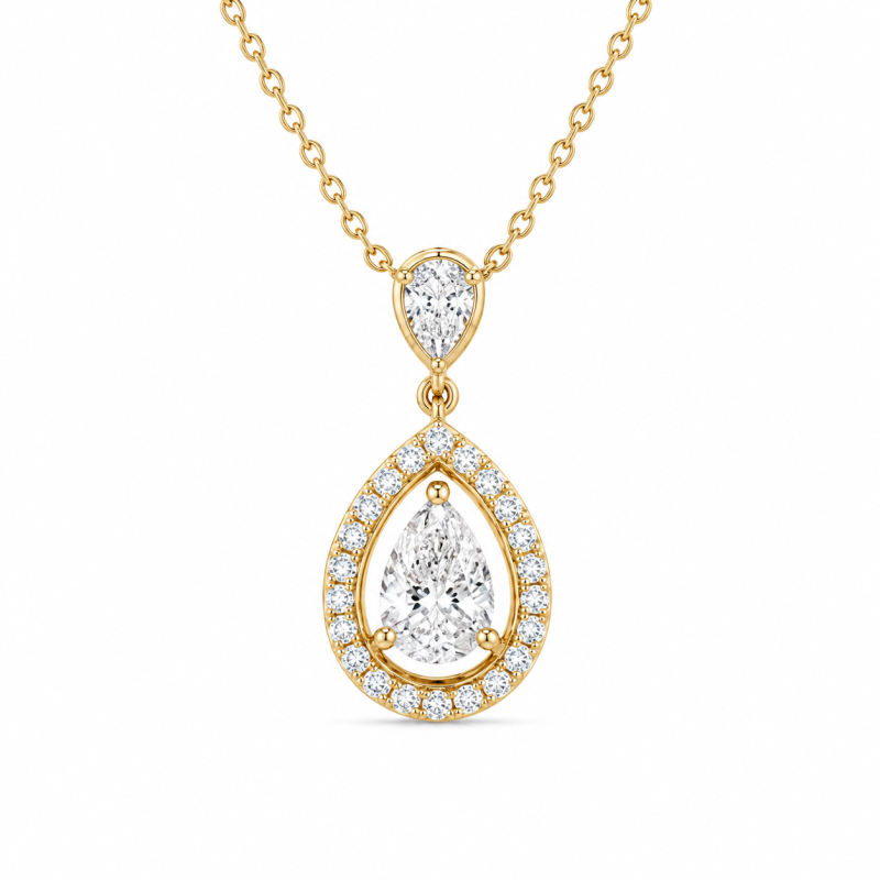Halskette aus 14-karätigem Gold mit 0,5 Karat birnenförmigem, im Labor gezüchtetem Diamanten im Halo-Design.-1