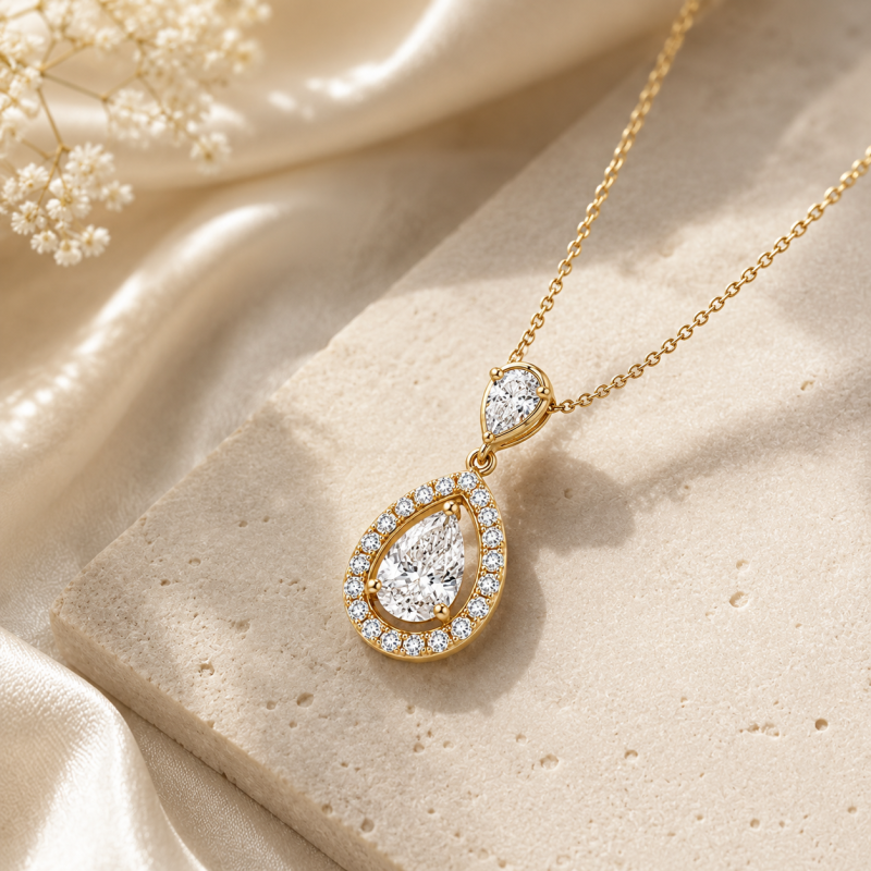 Halskette aus 14-karätigem Gold mit 0,5 Karat birnenförmigem, im Labor gezüchtetem Diamanten im Halo-Design.-4