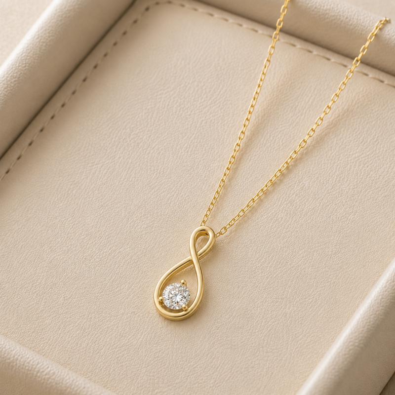 Collar con colgante de oro de 14 quilates con diamante sintético de talla redonda de 0,5 quilates y símbolo del infinito.-3
