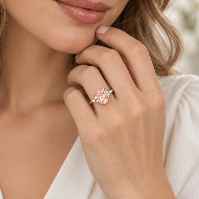 Anillo de compromiso personalizado con morganita ovalada de oro de 10 quilates y diamante cultivado en laboratorio en forma de piedra lateral.-2