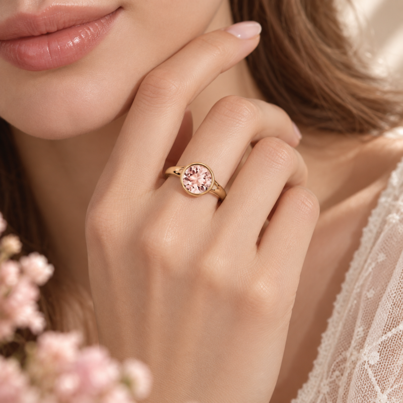 Anillo de compromiso solitario de oro de 14 quilates con morganita de talla redonda engastada en bisel.-3