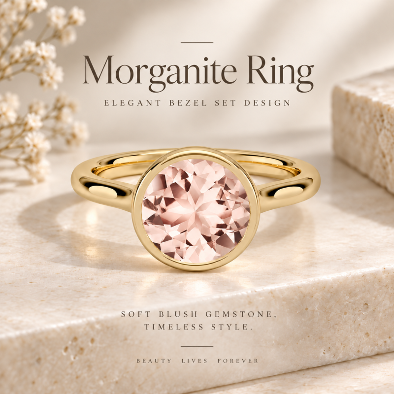 Anillo de compromiso solitario de oro de 14 quilates con morganita de talla redonda engastada en bisel.-4