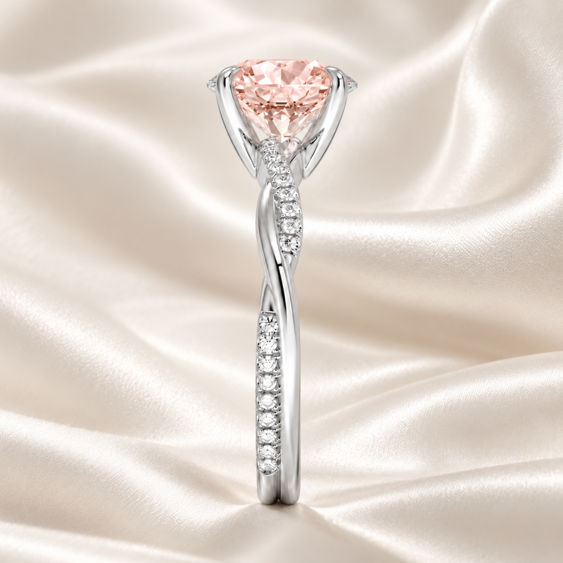 Anillo de compromiso de oro blanco de 18 quilates con morganita de talla redonda y diamante cultivado en laboratorio, diseño personalizado con banda retorcida.-3