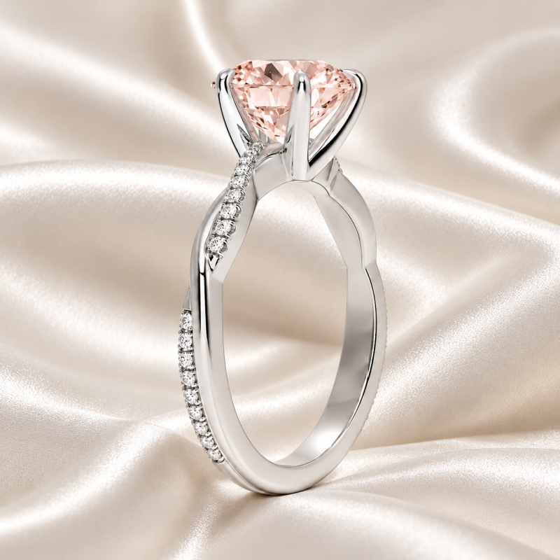 Anillo de compromiso de oro blanco de 18 quilates con morganita de talla redonda y diamante cultivado en laboratorio, diseño personalizado con banda retorcida.-4