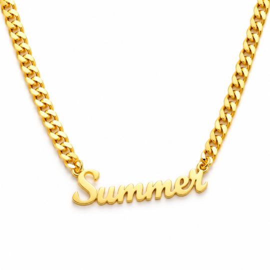 Collar clásico de plata de ley con baño de oro amarillo de 3 mm y nombre personalizado, cadena tipo curb. Opciones de longitud: de 18 a 30 pulgadas.