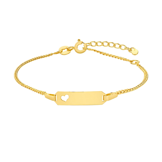 Graveerbare identificatiearmband van sterling zilver met hartje en 2 mm schakelketting, verkrijgbaar in lengtes van 15 tot 23 cm.