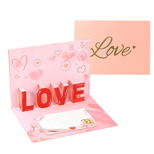 Tarjeta de felicitación tridimensional con la palabra LOVE en rosa y estampado dorado para el día de San Valentín