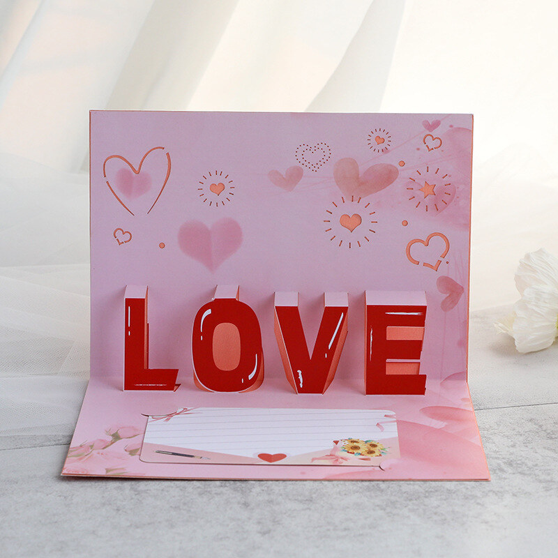 Valentine's Day gold-stamped pink LOVE three-dimensional greeting card-3