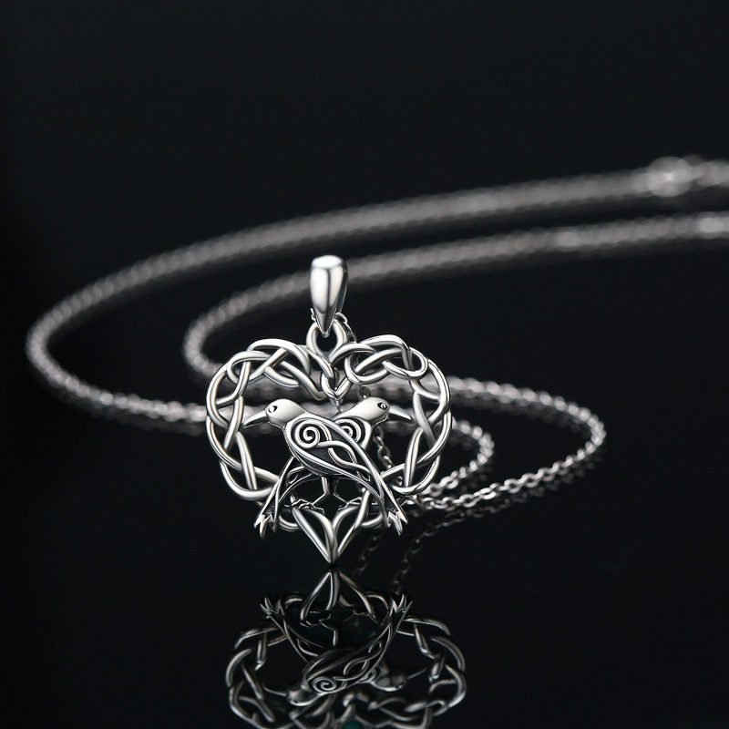 Sterling Silver Celtic Knot &Crow Pendant Necklace-5