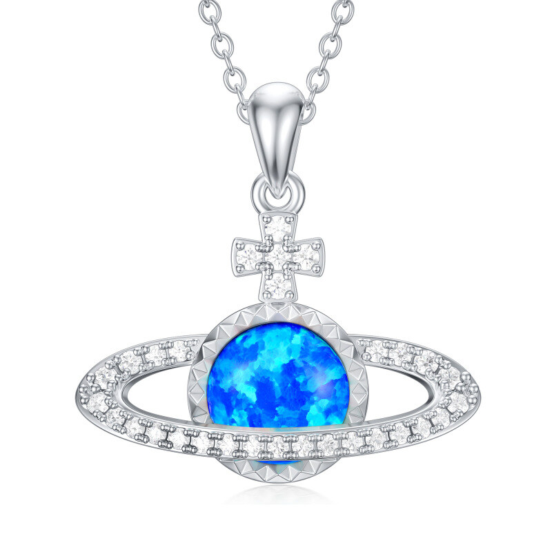 Collar con cruz circular de aguamarina y planeta en plata de ley para mujer-1