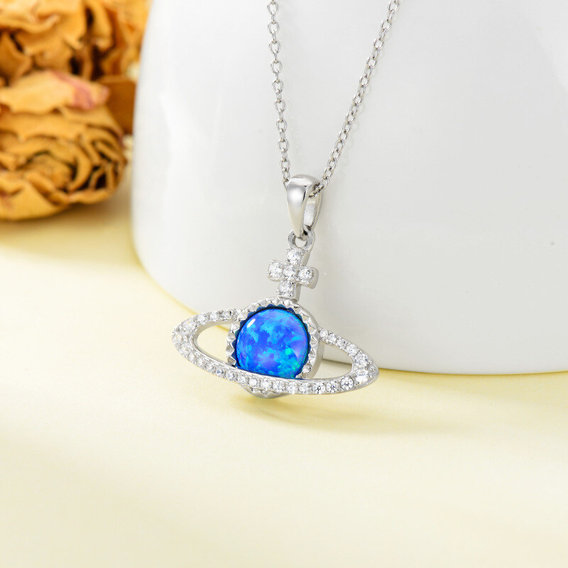 Collar con cruz circular de aguamarina y planeta en plata de ley para mujer-3