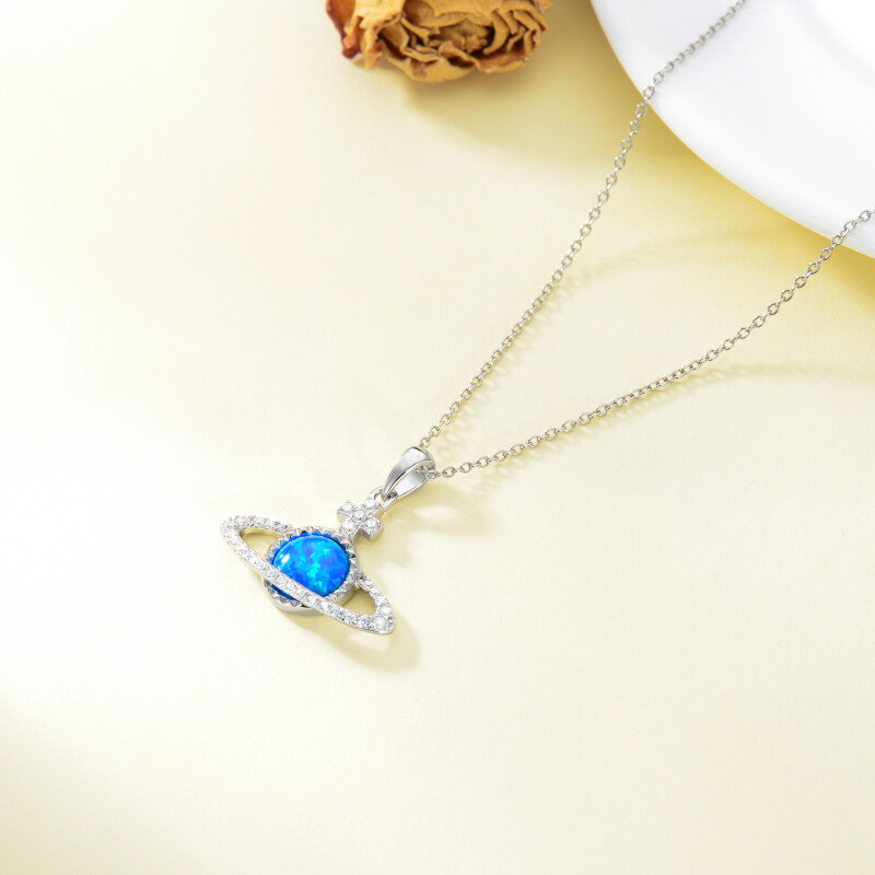 Collar con cruz circular de aguamarina y planeta en plata de ley para mujer-4