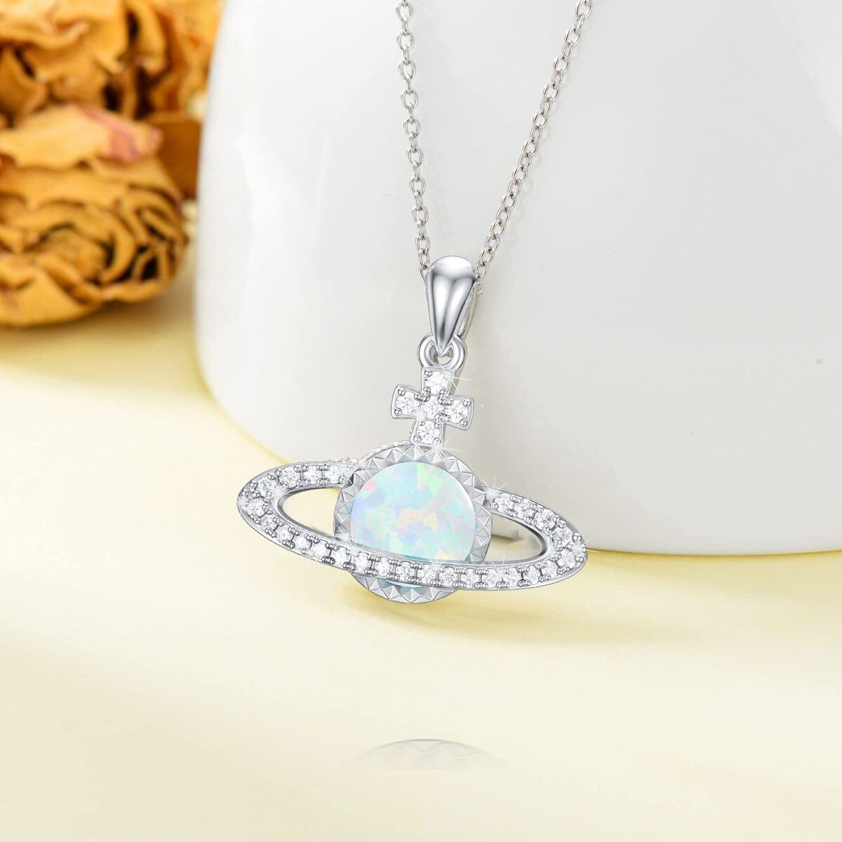 Sterling Silver Circular Opal Cross & Planet Necklace for Women-3