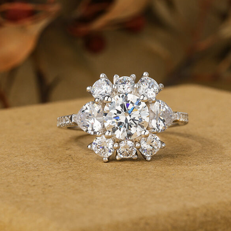 Bague de fiançailles en or blanc vermeil avec fleur gravée personnalisée pour femme-3
