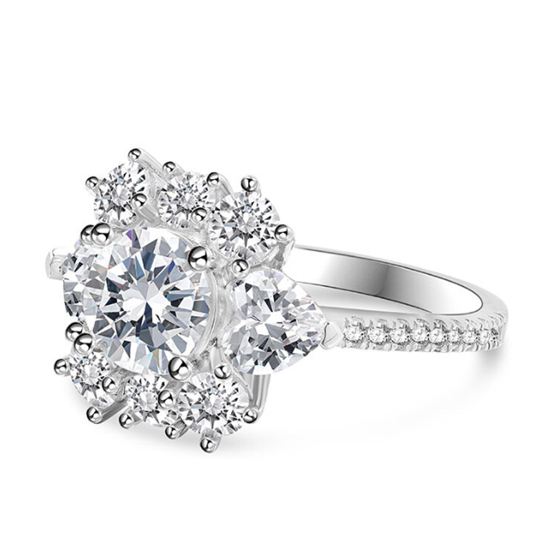 Bague de fiançailles en or blanc vermeil avec fleur gravée personnalisée pour femme-4