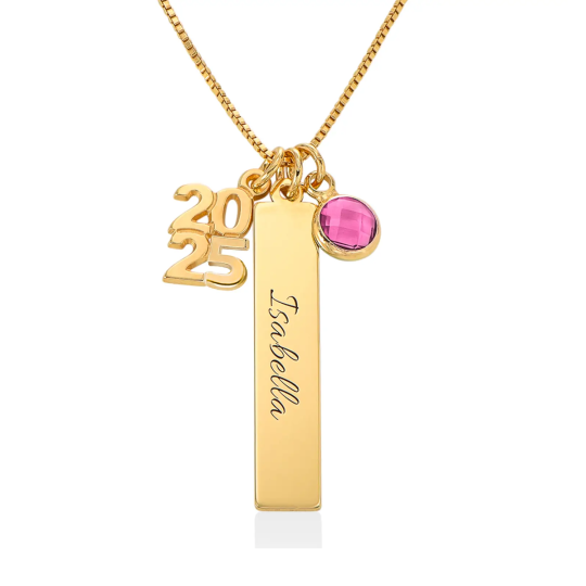 White Gold Vermeil Round Personalized Birthstone Engraving & Parents Children Necklace Graduation Necklace