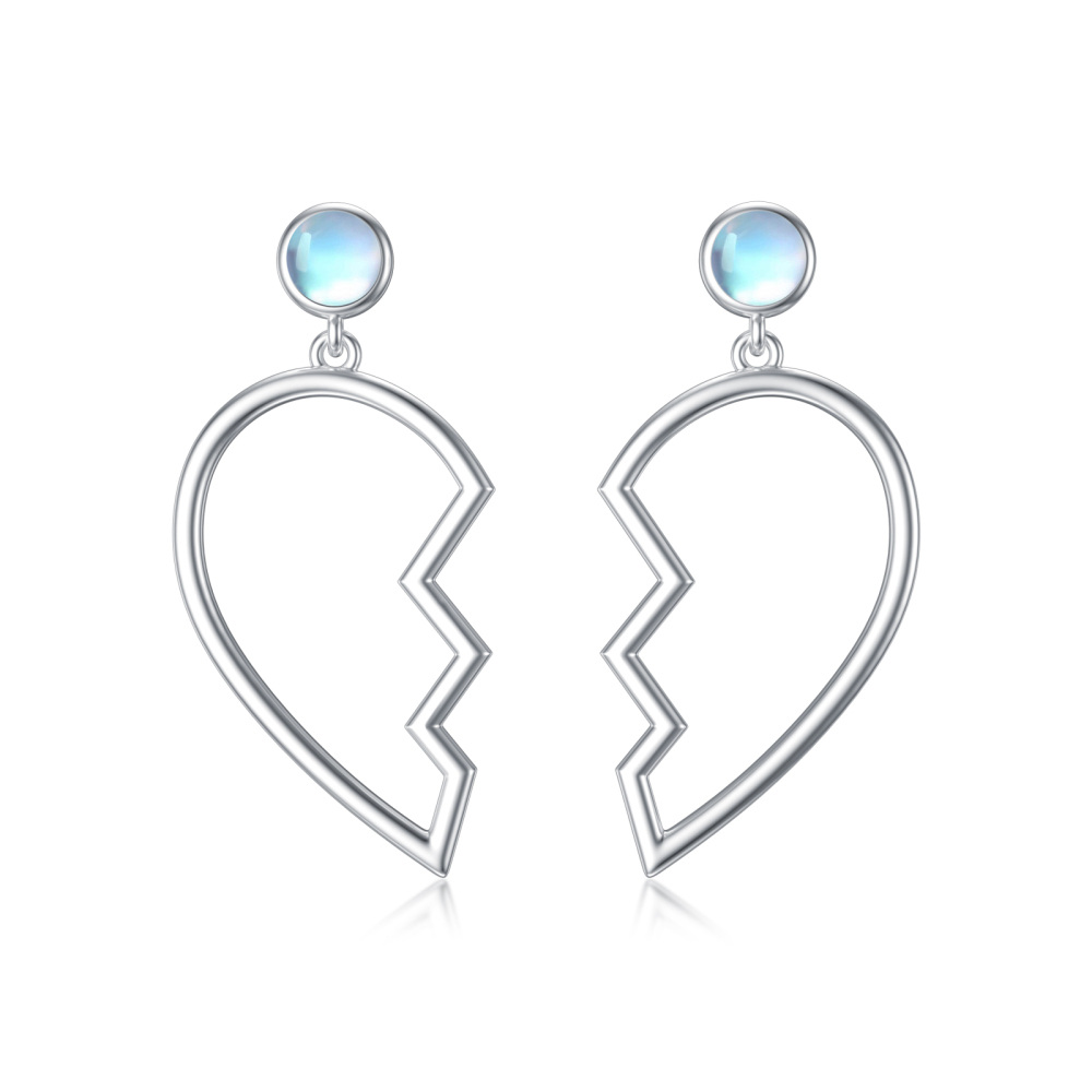 Orecchini pendenti a forma di cuore con ali d'angelo e pietra di luna rotonda in argento sterling-1