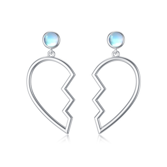 Boucles d'oreilles pendantes en forme de cœur avec ailes d'ange et pierre de lune rondes en argent sterling