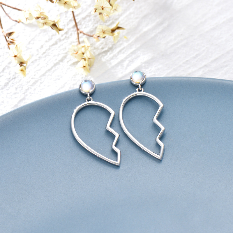 Brincos de gota de coração com asa de anjo e pedra da lua redonda de prata esterlina-4