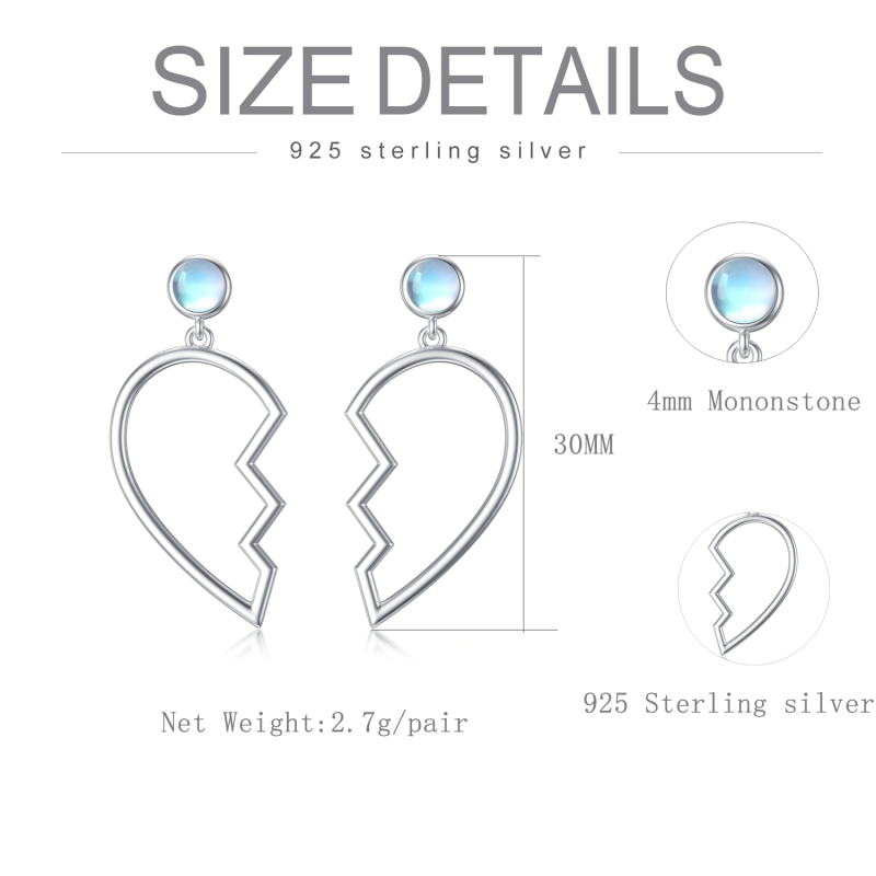 Brincos de gota de coração com asa de anjo e pedra da lua redonda de prata esterlina-5