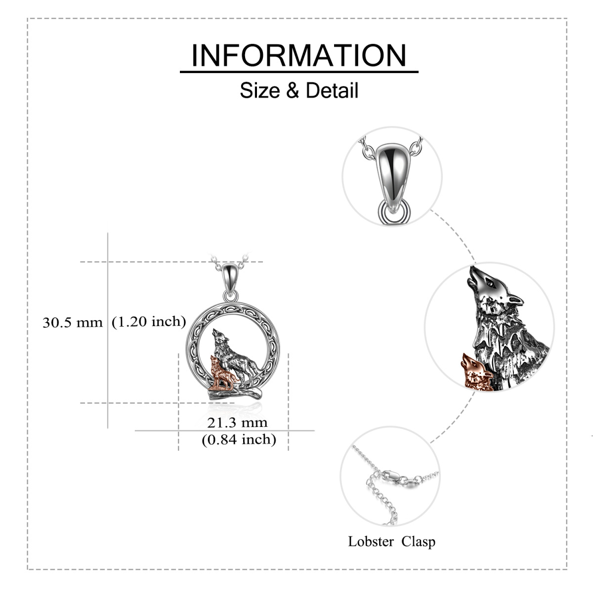 Colar com pendente de lobo em prata de lei 925 e zircónias cúbicas, colar com lua e lobo-4