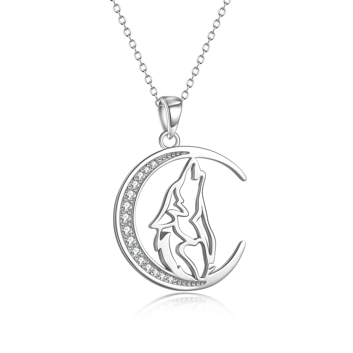 Sterling Zilveren Ronde Cubic Zirconia Wolf Maan Hanger Ketting-1